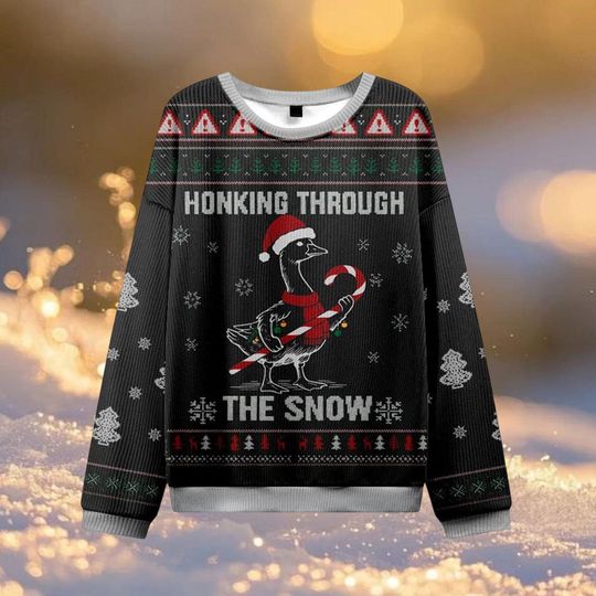 Discover Funny Goose Honking Through the Snow Ugly Christmas Sweater, Retro Holiday Pullover, Cute Xmas Knit, Silly Festive Goose Sweater