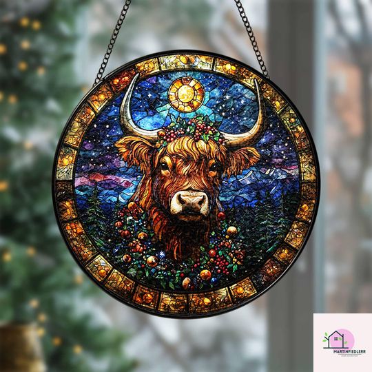 Starry Highland Cow Stained Glass Suncatcher - Rustic Christmas Window Ornament