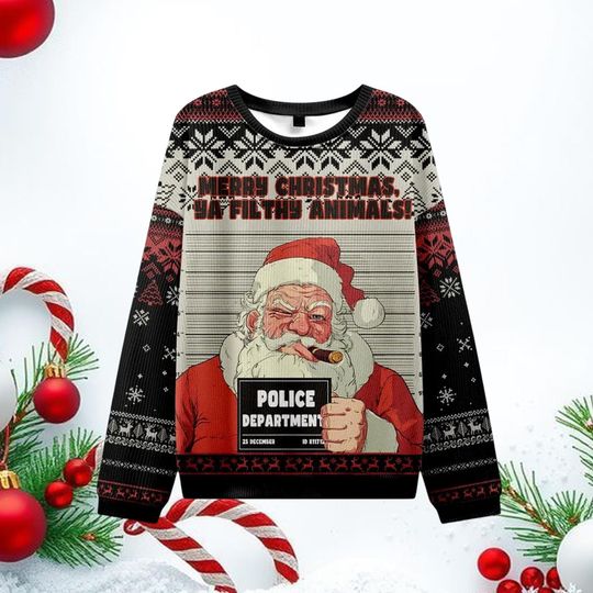 Discover Santas Mugshot Ugly Christmas Sweater, Funny Retro Holiday Pullover, Creepy Xmas Knit, Humorous Naughty List Christmas Sweater