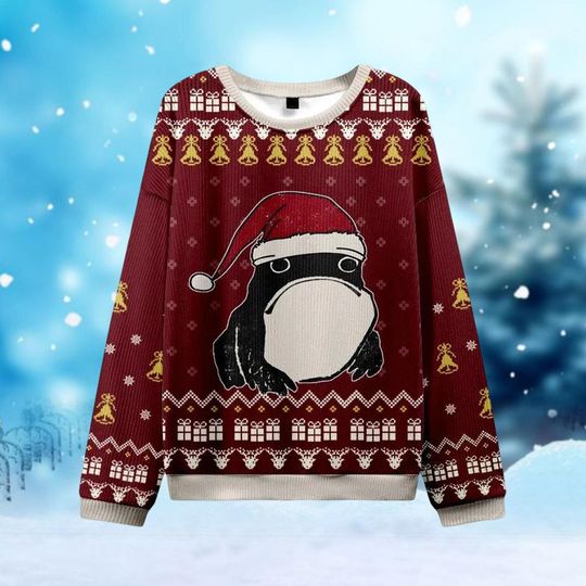 Discover Frog Wearing Santa Hat Ugly Christmas Sweater, Funny Retro Holiday Pullover, Cute Xmas Knit, Festive Frog Christmas Sweater