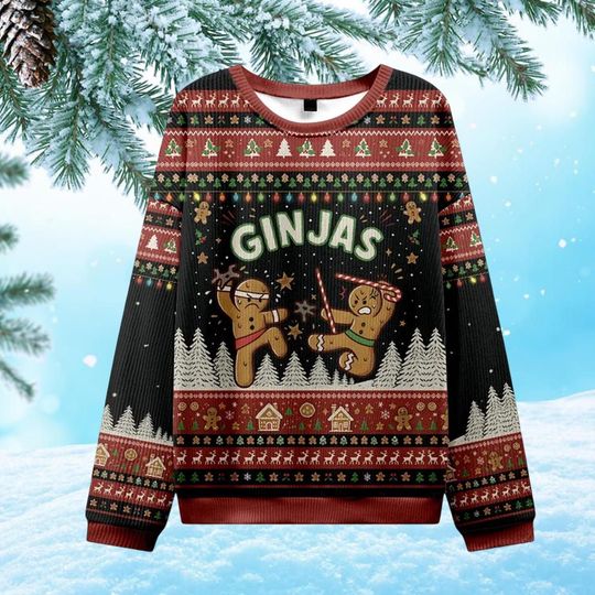 Discover Gingerbread Ninjas in Battle Ugly Christmas Sweatshirt, Funny Holiday Jumper, Ninja Gingerbread Xmas Pullover, Festive Christmas Gift