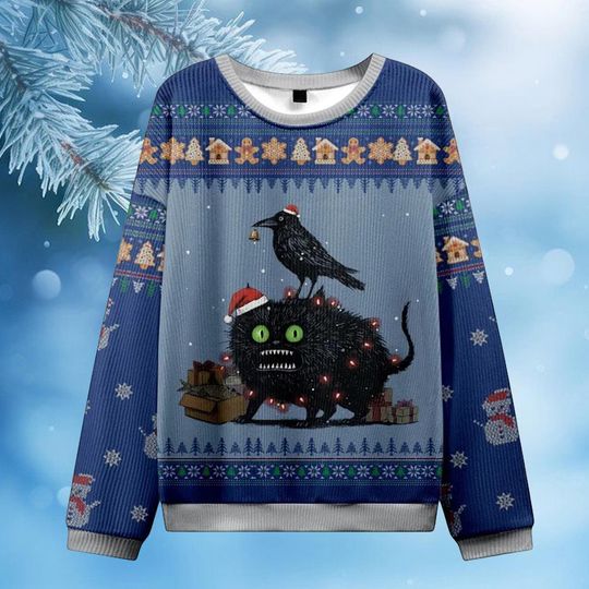 Discover Christmas Chaos: Cat, Crow & Fish Unite Ugly Christmas Sweatshirt, Funny Holiday Jumper, Festive Xmas Pullover, Christmas Gift 2025