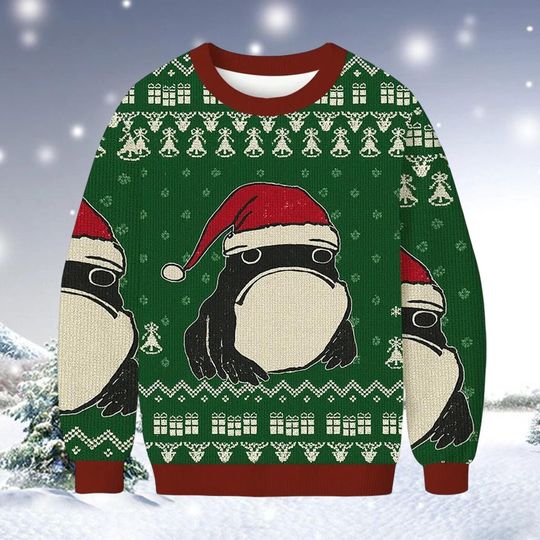 Frog Wearing Santa Hat Ugly Christmas Sweater, Funny Green Frog Holiday Sweatshirt, Humorous Xmas Jumper Gift