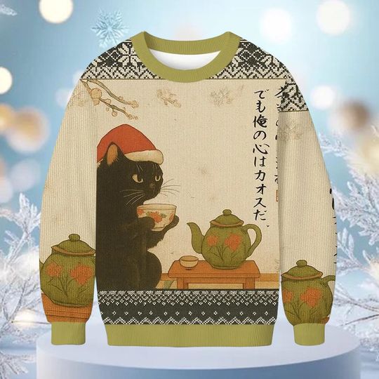 Black Cat Drinking Tea Ugly Christmas Sweater, Funny Cat Holiday Sweatshirt, Humorous Xmas Jumper Gift