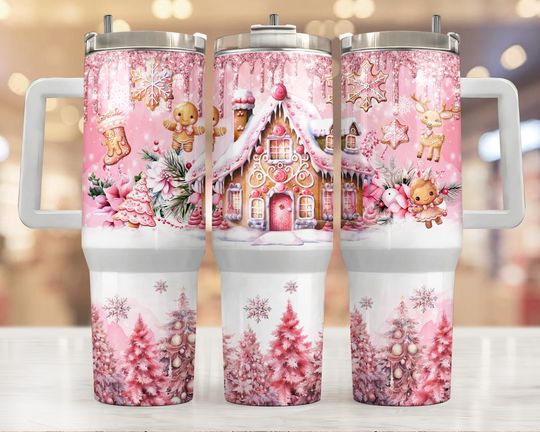 Gingerbread House Tumbler Wrap, Christmas 40 Oz Sublimation Tumbler  , Pink Christmas Tumbler Design  40oz Quencher