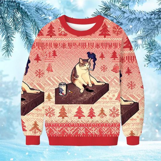 Discover Cigarette Kitten Funny Smoking Cat Meme Ugly Christmas Sweater, Silly Smoking Cat Holiday Sweatshirt, Humorous Xmas Jumper Gift
