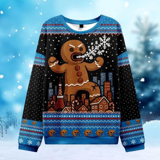 Giant Gingerbread Man Ugly Christmas Sweater, Retro Funny Holiday Pullover, Festive City Scene Xmas Knit, Cute Winter Sweater for Men Women