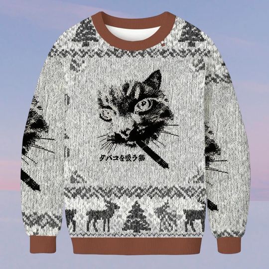 Retro Cat Smoking Ugly Christmas Sweater, Funny Cat Meme Holiday Sweatshirt, Humorous Xmas Jumper Gift