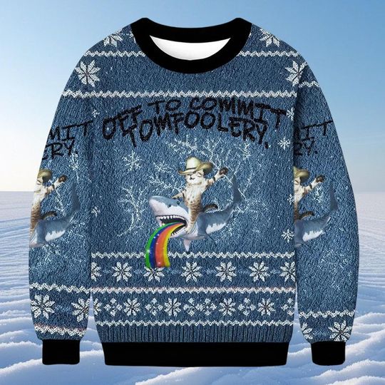 Off to Commit Tomfoolery Ugly Christmas Sweater, Kitten Riding Shark Meme Holiday Sweatshirt, Funny Xmas Jumper Gift