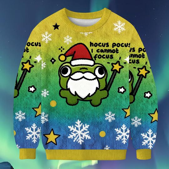 Hocus Pocus I Cannot Focus Funny Frog Ugly Christmas Sweater, Silly Frog Holiday Sweatshirt, Humorous Xmas Jumper Gift
