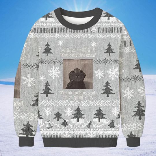 Discover Funny Melancholy Cat Ugly Christmas Sweater, You Only Live Once Holiday Sweatshirt, Humorous Xmas Jumper Gift