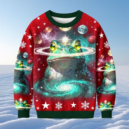 Psychedelic Cosmic Frog Ugly Christmas Sweater, Funny Frog Meme Holiday Sweatshirt, Humorous Xmas Jumper Gift