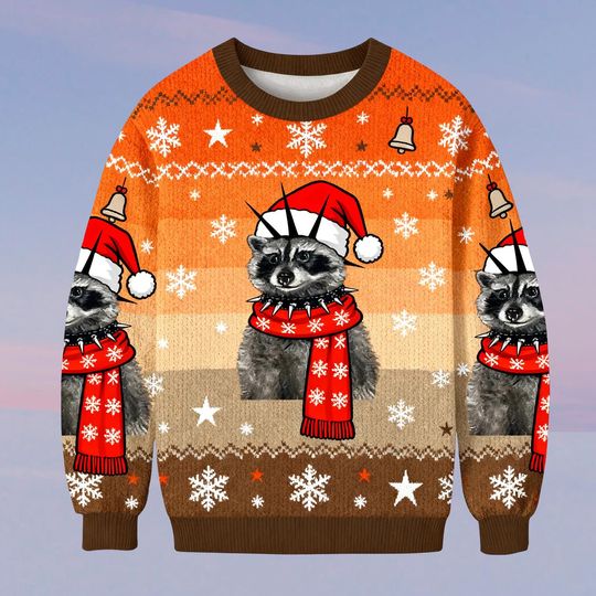 Punk Raccoon with Mohawk and Spiked Collar Ugly Christmas Sweater, Funny Raccoon Meme Holiday Sweatshirt, Humorous Xmas Jumper Gift