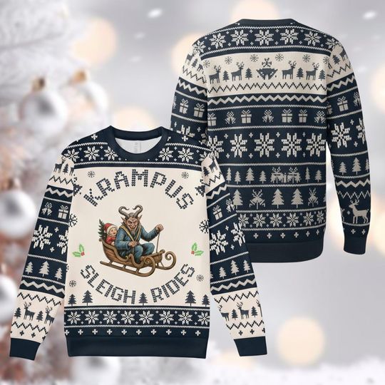 Krampus Sleigh Rides Ugly Christmas Sweater, Retro Vintage Krampus Pullover, Horror Xmas Knit, Funny Creepy Holiday Sweater
