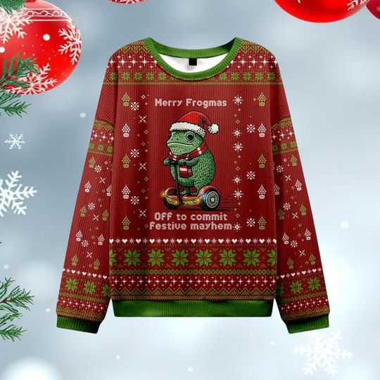 Off to Commit Frogmas Mayhem Ugly Christmas Sweater, Funny Retro Holiday Pullover, Quirky Frog Xmas Knit, Festive Frog Party Sweater
