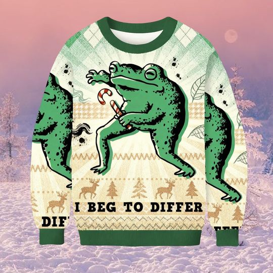 Discover I Beg to Differ Funny Frog Ugly Christmas Sweater, Silly Frog Meme Holiday Sweatshirt, Humorous Xmas Jumper Gift
