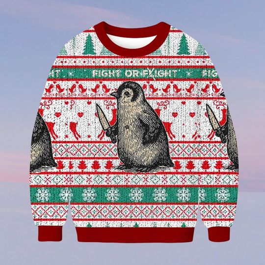 Fight or Flight Penguin Funny Ugly Christmas Sweater, Silly Holiday Sweatshirt, Humorous Xmas Jumper Gift