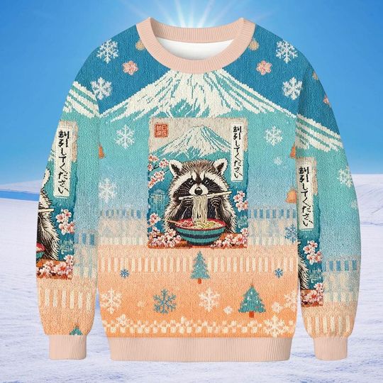 Raccoon Eating Ramen Ugly Christmas Sweater, Funny Japanese Noodle Meme, Trash Panda Holiday Jumper, Kawaii Anime Gift, Crewneck Sweatshirt