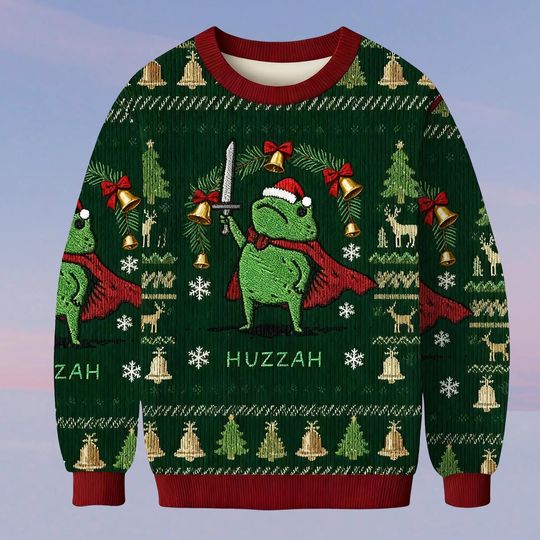 Huzzah Frog With Sword Christmas Ugly Sweatshirt, Funny Medieval Frog Jumper, Cute Cottagecore Holiday Gift