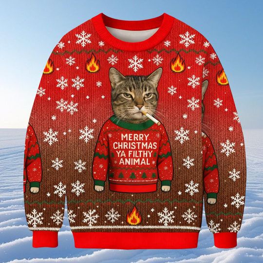 Discover Funny Christmas Smoking Cat Ugly Sweatshirt, Gangster Cat Meme Holiday Jumper, Cool Kitten Smoking Cigarette Crewneck
