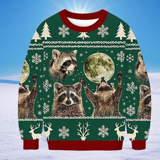 Raccoons Howling At Moon Christmas Ugly Sweatshirt, Funny Trash Panda Holiday Jumper, Cute Wildlife Xmas Gift, Raccoon Lover