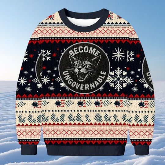 Become Ungovernable Christmas Ugly Sweatshirt, Funny Cat Meme Jumper, Chaotic Neutral Holiday Crewneck, Vintage Style Xmas Gift