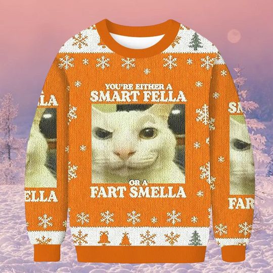 Smart Fella Or Fart Smella Cat Christmas Ugly Sweatshirt, Funny Cat Meme Holiday Jumper, Cute Sarcastic Crewneck, Vintage Humor Gift