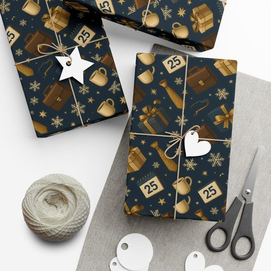 Discover Office Xmas Paper, Gold Holiday Icons Gift Wrap, Christmas Wrapping Paper