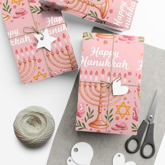 Happy Hanukkah Menorah Pattern Gift Wrap Paper, Pink Holiday Wrapping Paper