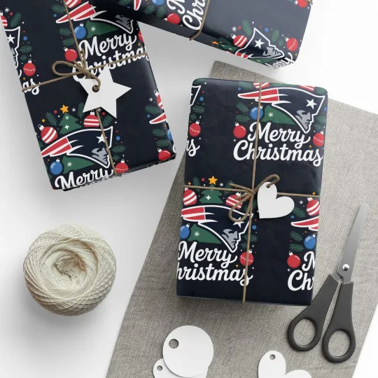 Discover New England Football Merry Christmas Sports Gift Wrap, Holiday Present Wrap