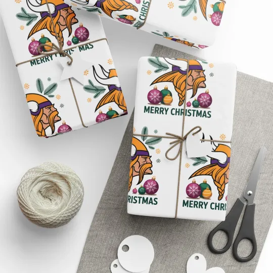 Vikings Football Merry Christmas Sports Gift Wrap, Holiday Present Minnesota