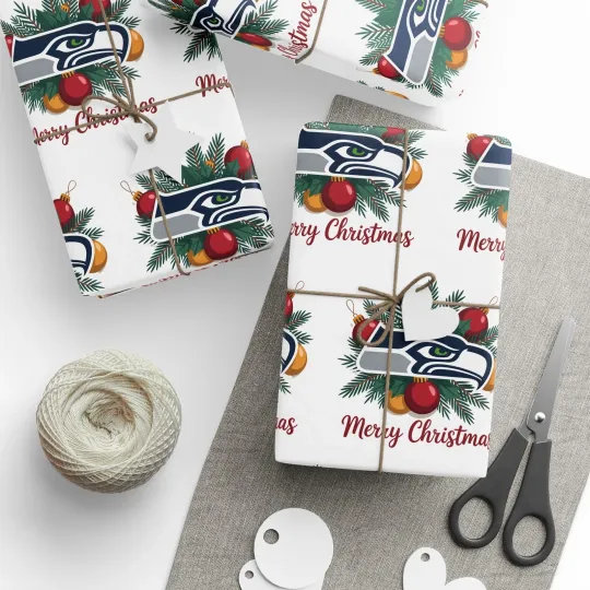 Seattle Football Merry Christmas Sports Gift Wrap, Holiday Present Wrap Seahawks
