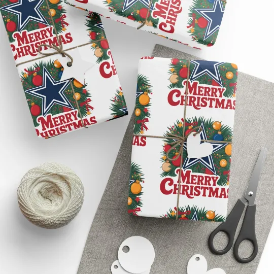 Cowboys Football Merry Christmas Sports Gift Wrap, Holiday Present Dallas