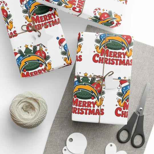 Discover Chargers Football Merry Christmas Sports Gift Wrap, Holiday Present Wrap