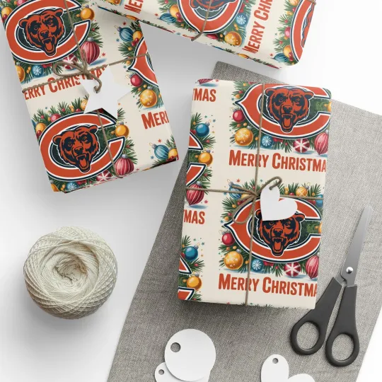 Discover Chicago Football Merry Christmas Sports Gift Wrap, Holiday Present Wrap