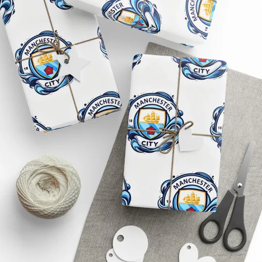 Discover Manchester City Premier League Soccer Futbol Wrapping Paper Holiday Christmas