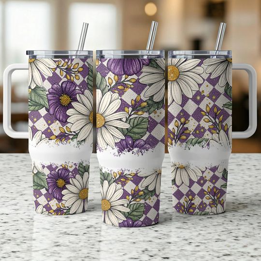 Discover white and Purple Glitter Checkered Daisy 40oz Tumbler Wrap, Floral Glitter Tumbler  , Insulated Drinkware Sublimation, Quencher Tumbler