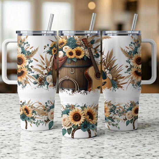Discover Rustic Sunflower 40oz Tumbler Wrap, Guitar and Floral  , Western Floral Tumbler Design, 40 oz Tumbler warps