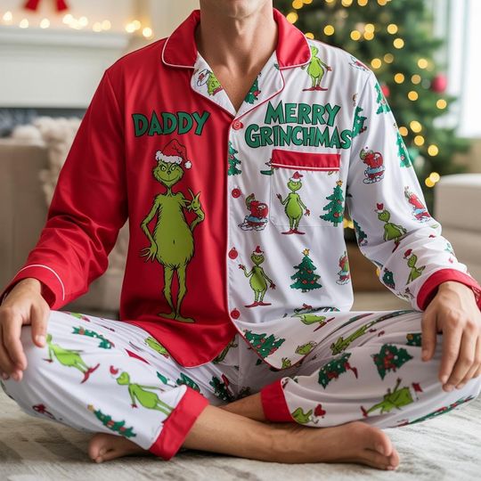 Holiday Pajama Set with Green Character Print, Elegant Piping