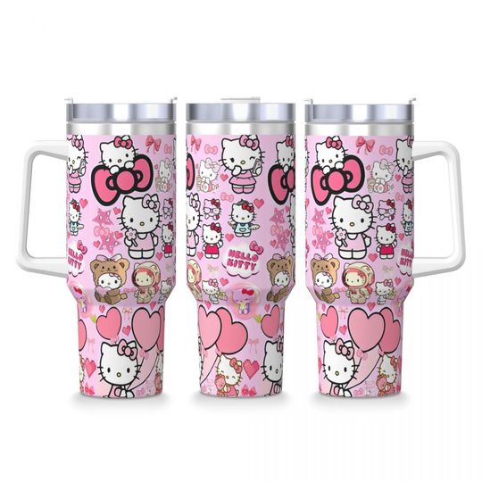 40 oz Stainless Steel Tumbler with Handle - Kawaii Hello Kitty Car Design, Thermal Mug with Straw for Hot and Cold Drinks