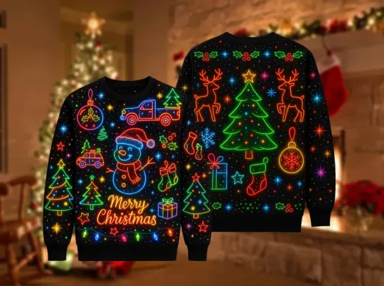 Ugly Christmas Sweater Neon Lights, Funny Snowman Xmas Sweatshirt
