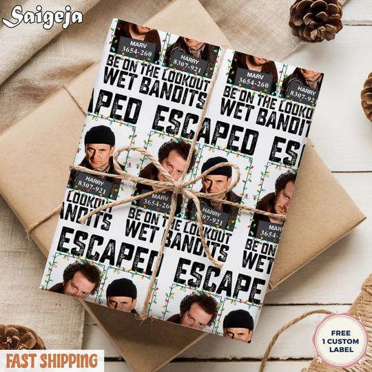 Escape Be On The Lookout The Wet Bandits Home Alone Christmas Wrapping Paper, Funny Hilarious Xmas Gift Wrap, Unique Holiday Wrap