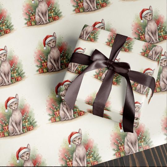 Discover Sphynx Cat Wrapping Paper | Christmas Cat with Santa Hat