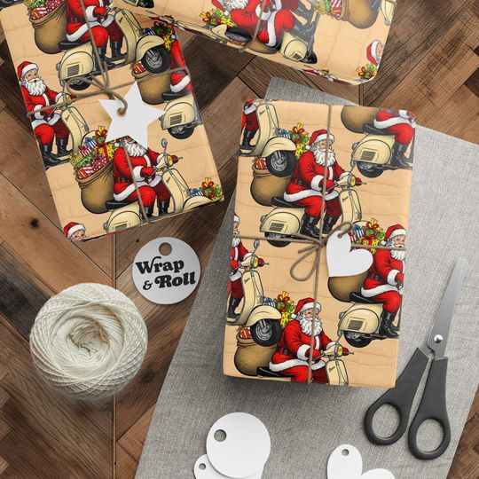 Discover Funny Santa on Scooter Wrapping Paper | Retro Christmas Gift Wrap | Italian Holiday Gag Gift | Cool Xmas Paper