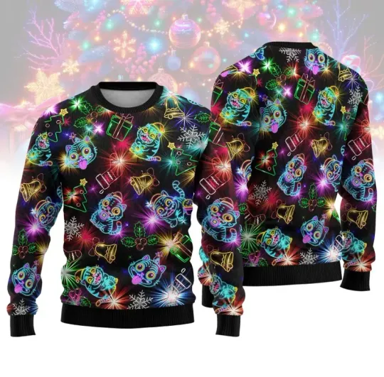 Neon Derpy Tiger Ugly Christmas Sweater, Blue Tiger Xmas Sweater