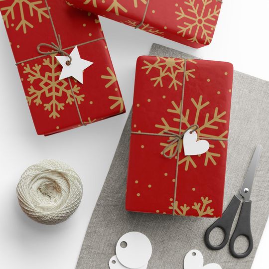 Red and Gold Snowflake Pattern Wrapping Paper | Red Holiday Gift Wrap Roll, San Francisco football theme, football fan gift wrap