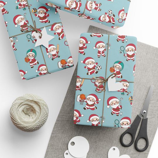 Discover Christmas Sports Wrapping Paper, Santa Golfing, Santa Playing Football and Basketball Wrapping Paper, Silly Santa Wrapping Paper for Boys