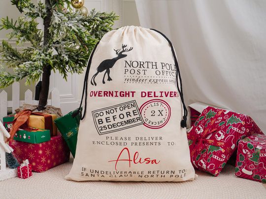 North Pole Santa Sack,Custom Name Christmas Santa Bag,Personalized Kids Sack,Extra Large Santa Bag,Holiday Gift Bag,Santa for Kids
