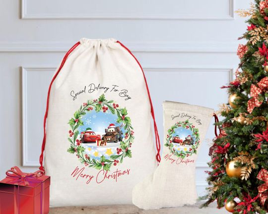 Discover Personalised Cars Christmas Sack / Stocking, Santa Sack, Christmas Eve, Christmas Eve Box, Lightning McQueen, Mater, Christmas Gift