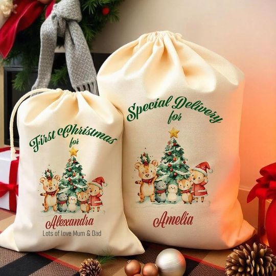 Discover Babys First Christmas Bag or Special Delivery Penguin Design , Personalized Christmas Gift Sack , Custom Name Drawstring Cotton Bag